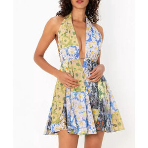 NWT ZARA PRINTED SHORT DRESS SIZE XL Halter Neck 100% Cotton